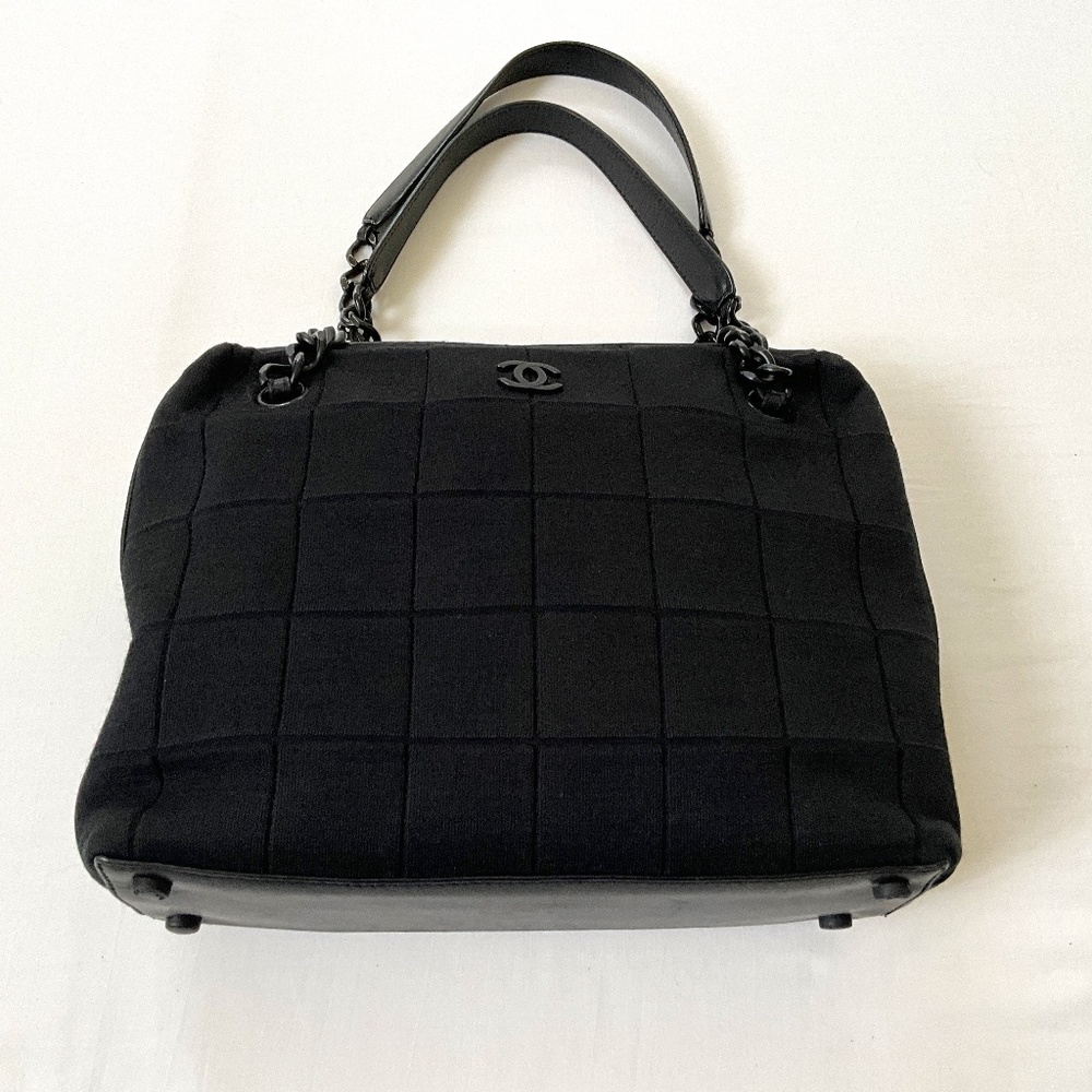 CHANEL Vintage Jersey Square Quilt Shoulder Tote Black